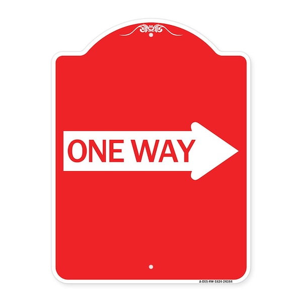 Designer Series One Way W/ Right Arrow, Red & White Aluminum Sign, 18" x 24", RW-1824-24384